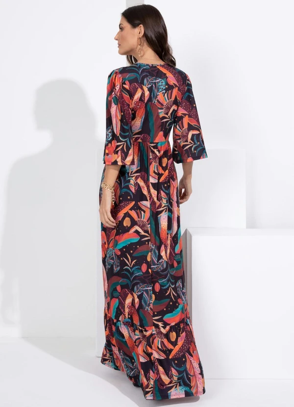 Quintess - Vestido Longo Tropical Preto com Mangas Amplas 4