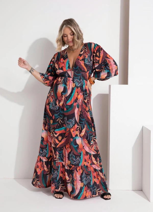 Quintess - Vestido Longo Tropical Preto com Mangas Amplas 6