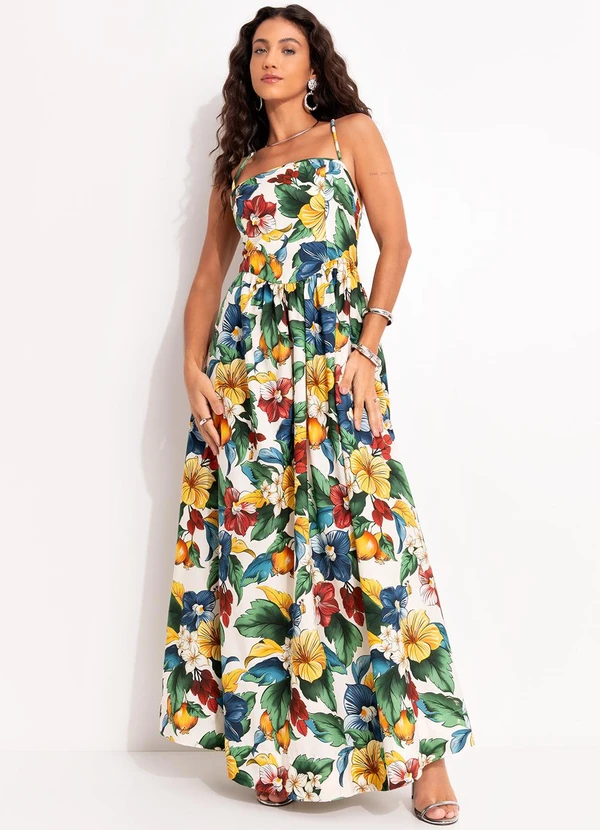 Farm - Vestido Longo Tropicalzinho Bege