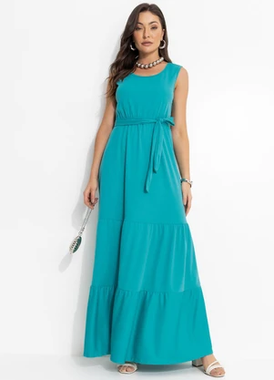 Moda Pop - Vestido Longo Turquesa com Babados - MODA POP