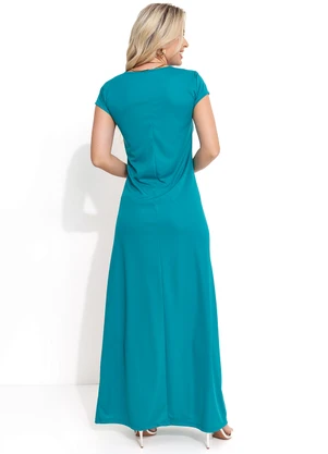 Moda Pop - Vestido Longo Turquesa com Manga Curta - MODA POP