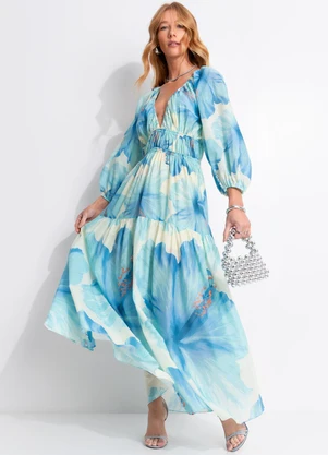 Farm - Vestido Longo Vestida de Flor Azul - FARM