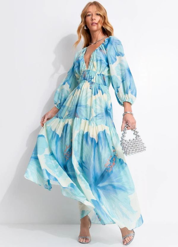 Farm - Vestido Longo Vestida de Flor Azul