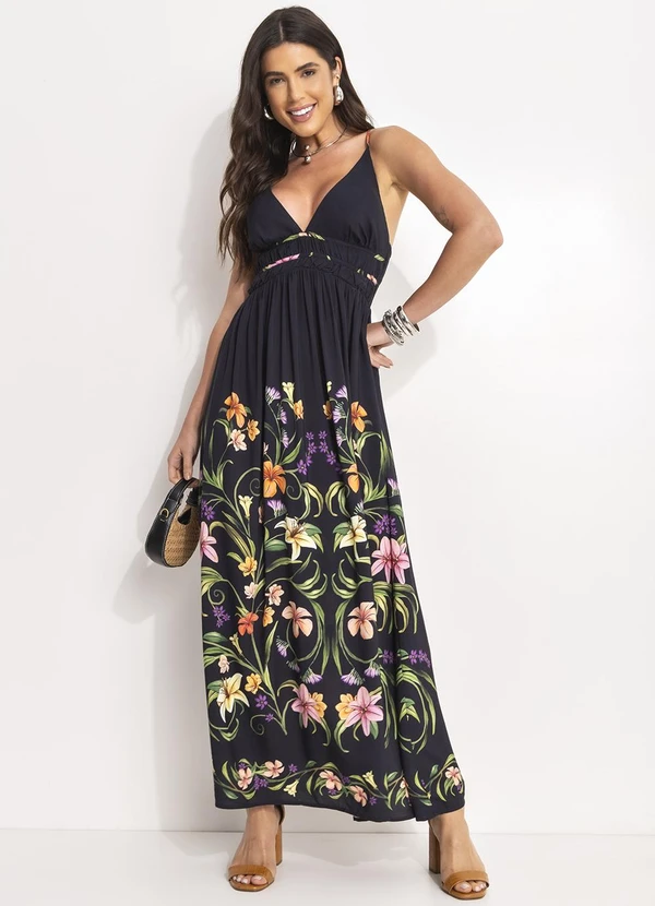 Farm - Vestido Longo Vestida de Flor Preto