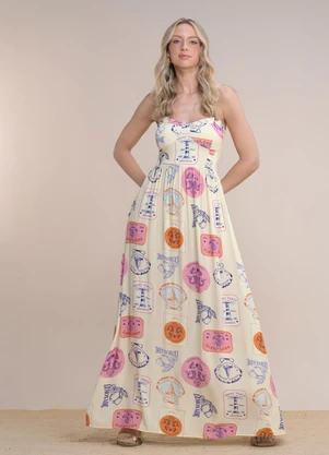 Angel - Vestido Longo Viscose Estampada Bege - ANGEL