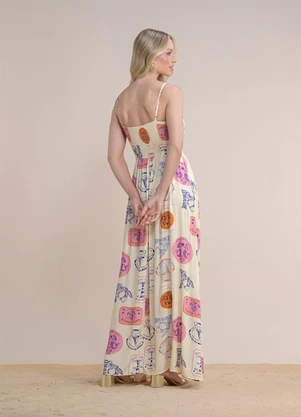 Angel - Vestido Longo Viscose Estampada Bege - ANGEL