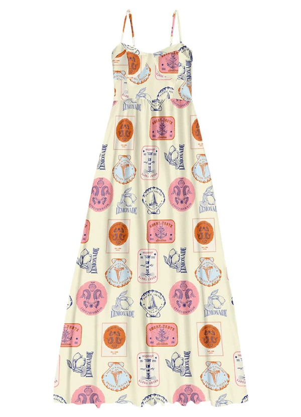 Angel - Vestido Longo Viscose Estampada Bege 3