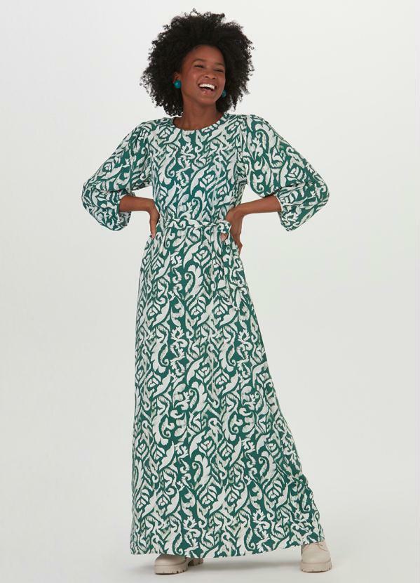 Malwee - Vestido Longo Viscose Manga Longa Verde