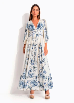 Farm - Vestido Longo Voo em Flor Bege - FARM