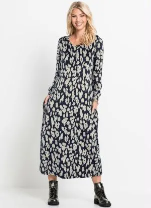 bonprix - Vestido Manga Longa com Bolsos Estampado/Onça - BONPRIX