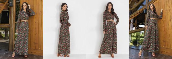 Vestido Manga Longa Floral Verde Moda Evanglica