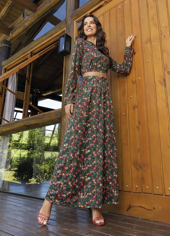 Rosalie - Vestido Manga Longa Floral Verde Moda Evangélica 4