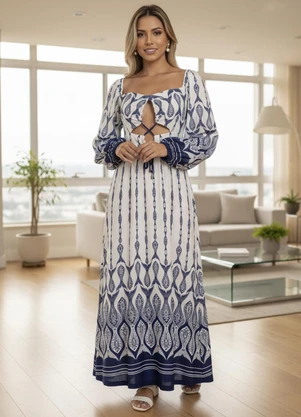 Farm - Vestido Manga Peixe Correnteza Azul - FARM