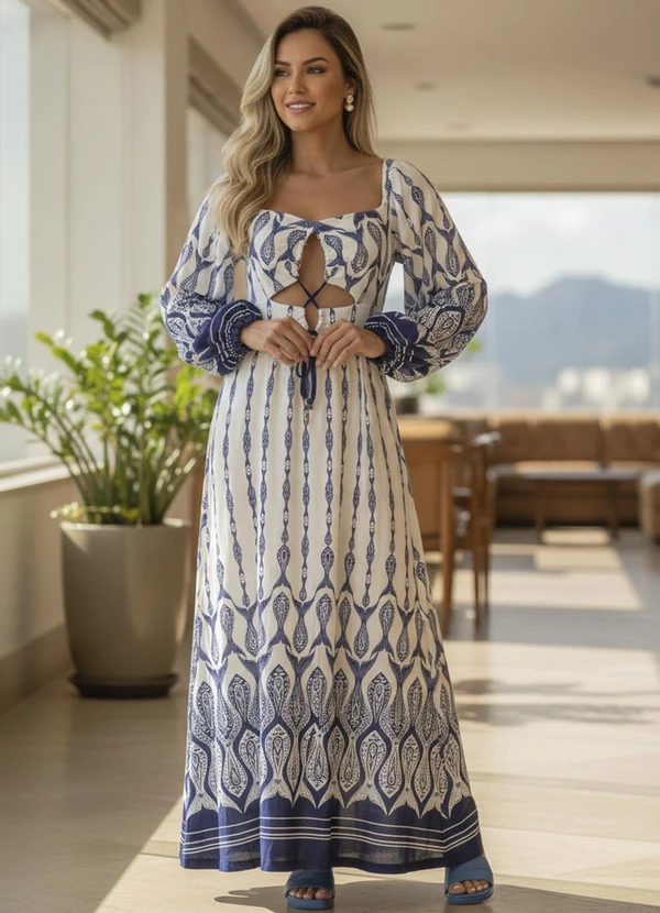 Farm - Vestido Manga Peixe Correnteza Azul 2