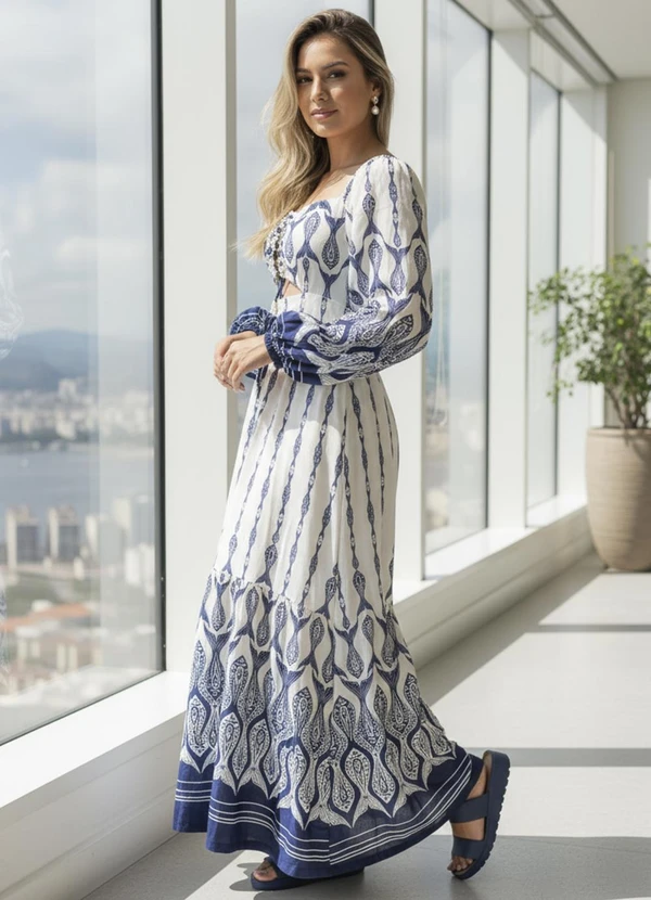 Farm - Vestido Manga Peixe Correnteza Azul 5