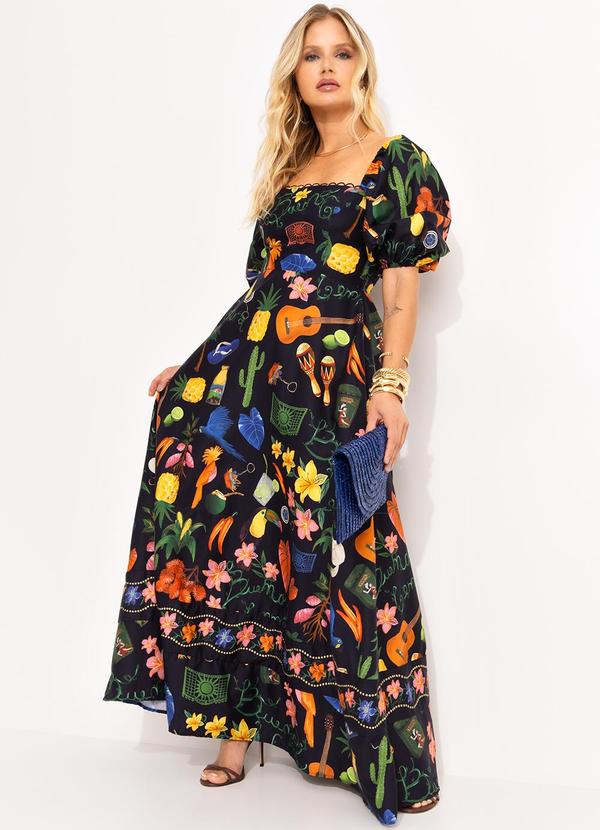 Farm - Vestido Mangas Buena Gente Preto