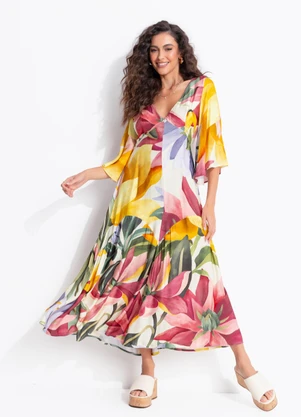 Farm - Vestido Mangas Chita Pintada Amarelo - FARM