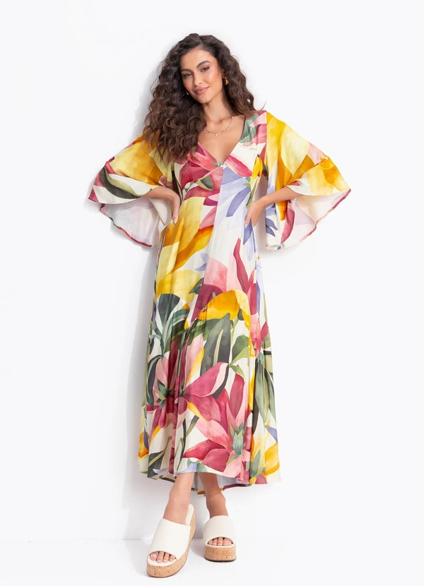 Farm - Vestido Mangas Chita Pintada Amarelo