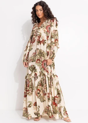 Farm - Vestido Mangas Floral Raiana Bege - FARM