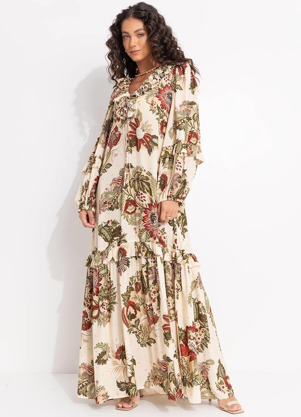 Farm - Vestido Mangas Floral Raiana Bege