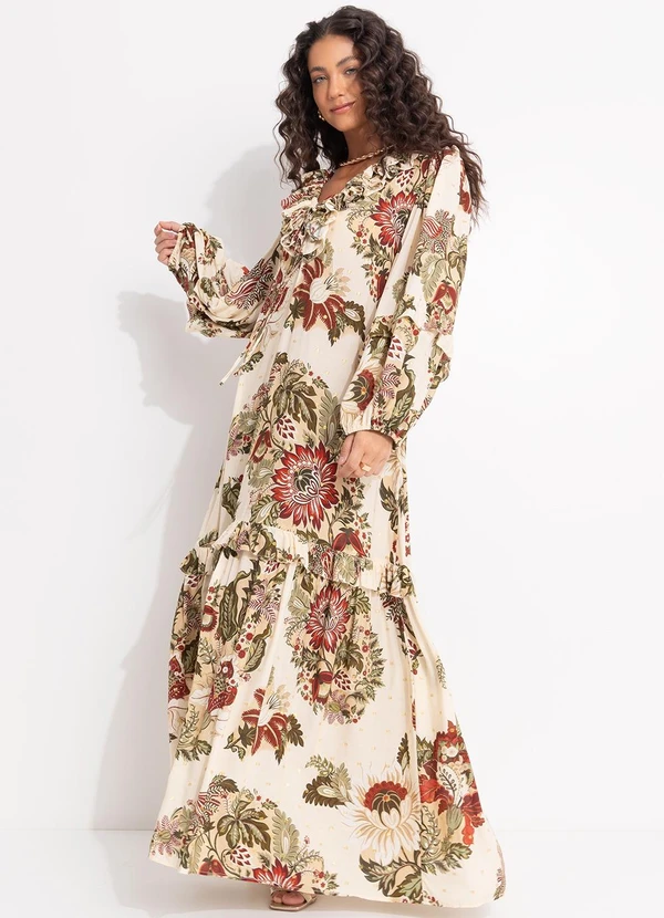 Farm - Vestido Mangas Floral Raiana Bege 3