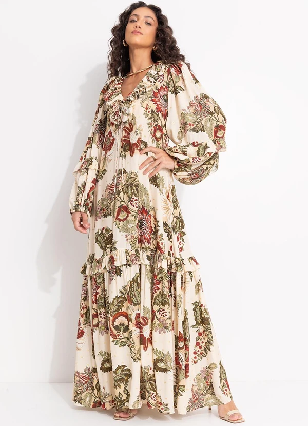 Farm - Vestido Mangas Floral Raiana Bege 4