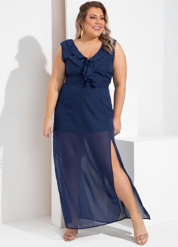 Outlet - Vestido Marinho com Babado e Fenda 5