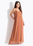 Vestido Marrom Claro em Chiffon com Fios de Lurex