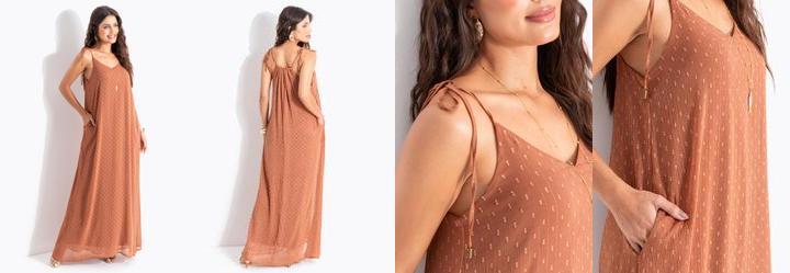 Vestido Marrom Claro em Chiffon com Fios de Lurex