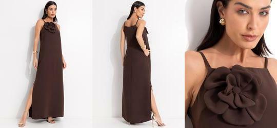 Vestido Marrom em Crepe Plano Acetinado