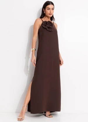 Quintess - Vestido Marrom em Crepe Plano Acetinado - QUINTESS