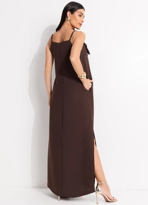 Quintess - Vestido Marrom em Crepe Plano Acetinado - QUINTESS