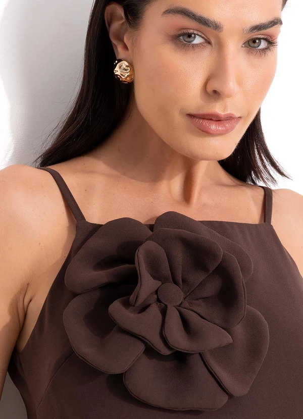 Quintess - Vestido Marrom em Crepe Plano Acetinado 3