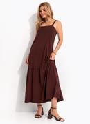 Vestido Midi Soltinho em Malha de Algod�o com Bolsos Marrom