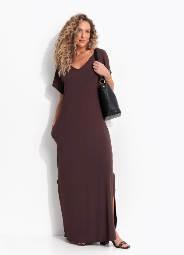 Quintess - Vestido Marrom em Malha de Viscose