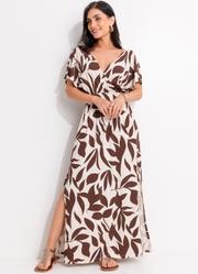 Vestido Folhagem Marrom em Malha de Viscose