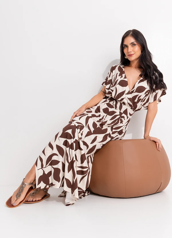 Quintess - Vestido Folhagem Marrom em Malha de Viscose 5