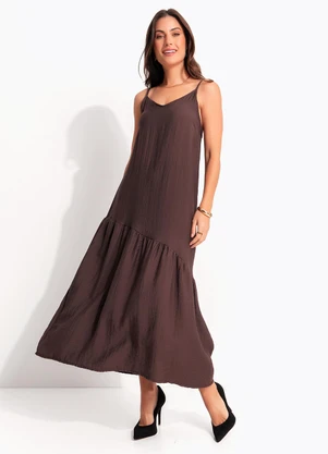 Quintess - Vestido Marrom Viscose Plana Sarjada - QUINTESS