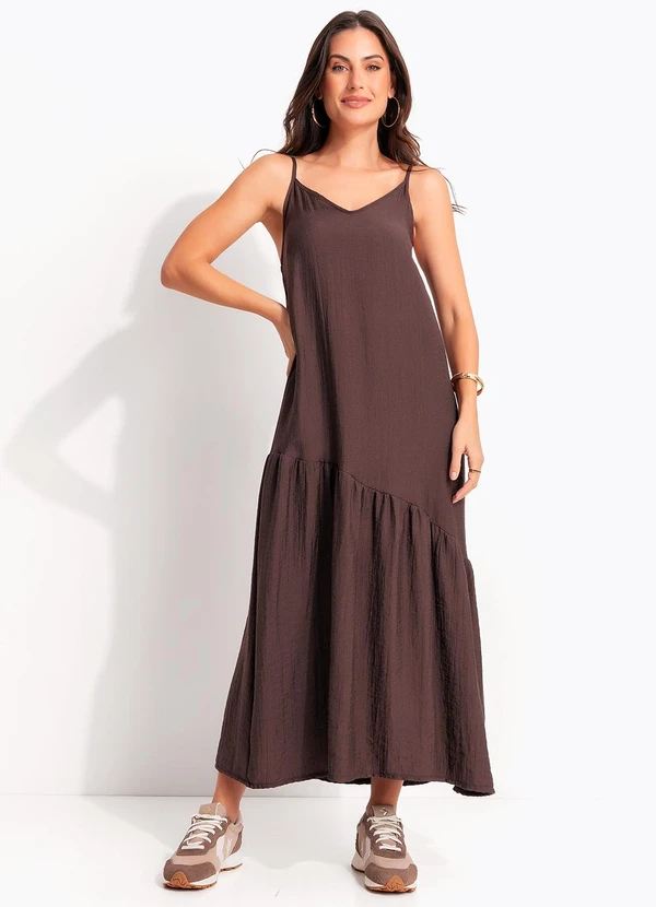 Quintess - Vestido Marrom Viscose Plana Sarjada