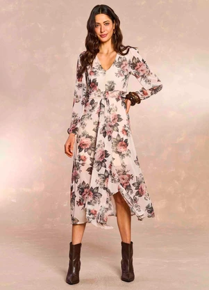 Doce Trama - Vestido Midi Aquarela Rose em Tule Estampado - DOCE TRAMA