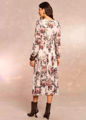 Doce Trama - Vestido Midi Aquarela Rose em Tule Estampado - DOCE TRAMA
