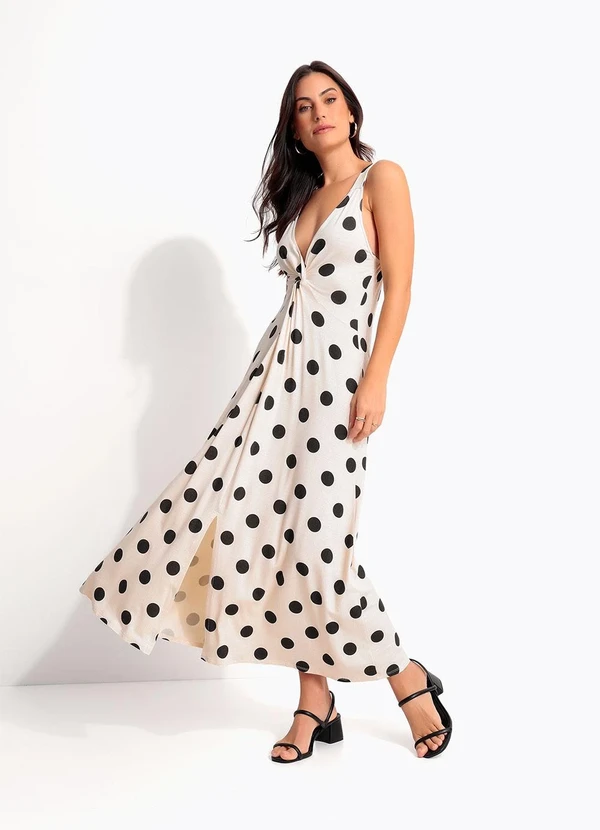 Quintess - Vestido Midi de Poá em Malha com Torção no Busto e Fenda 3