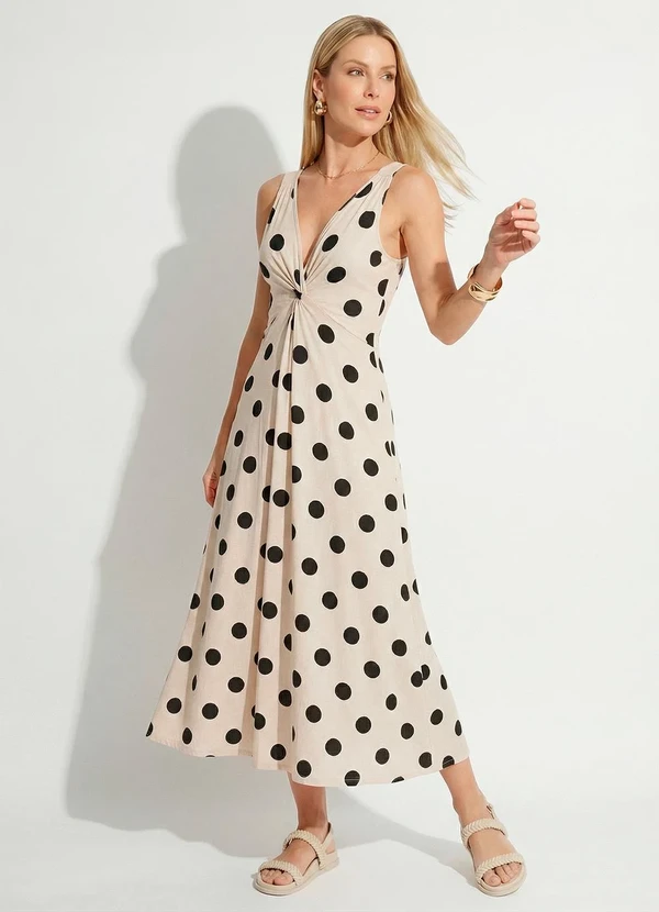 Quintess - Vestido Midi de Poá em Malha com Torção no Busto e Fenda 6