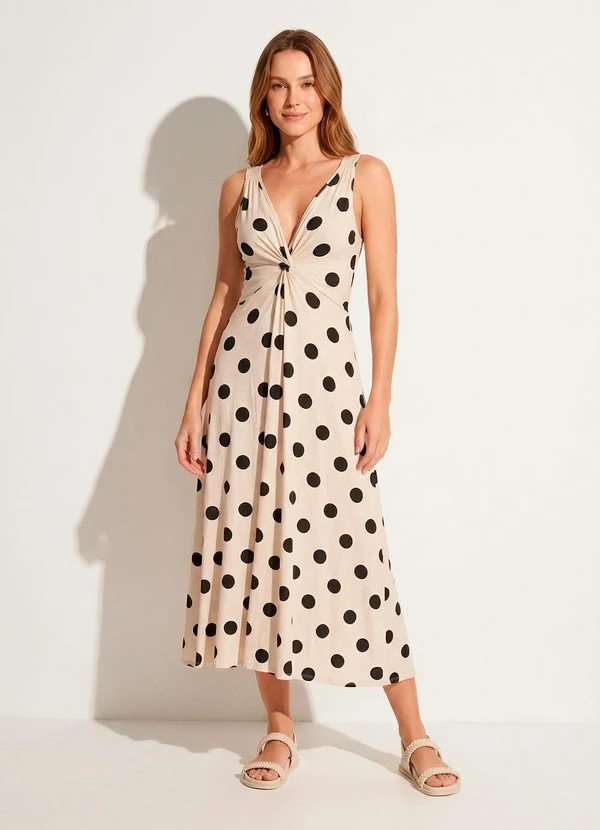 Quintess - Vestido Midi de Poá em Malha com Torção no Busto e Fenda 7