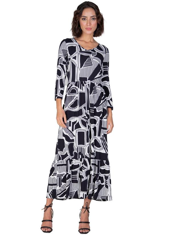 Infinita Cor - Vestido Midi Estampado Feminino Preto