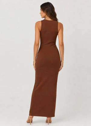 Infinita Cor - Vestido Midi Feminino em Ribana Marrom - INFINITA COR