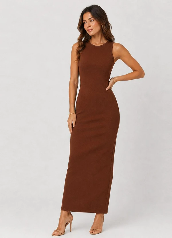 Infinita Cor - Vestido Midi Feminino em Ribana Marrom