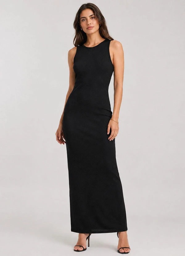 Infinita Cor - Vestido Midi Feminino em Ribana Preto