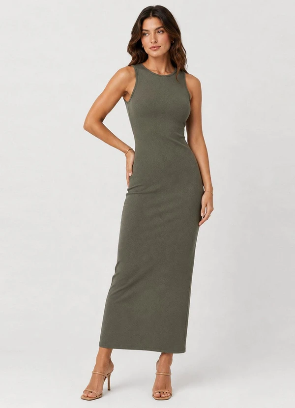 Infinita Cor - Vestido Midi Feminino em Ribana Verde