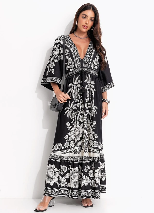 Farm - Vestido Midi Guanacaste Preto